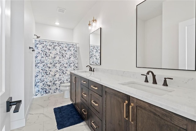 full bathroom with marble look tiles, toilet, double vanity, baseboards, and curtained shower