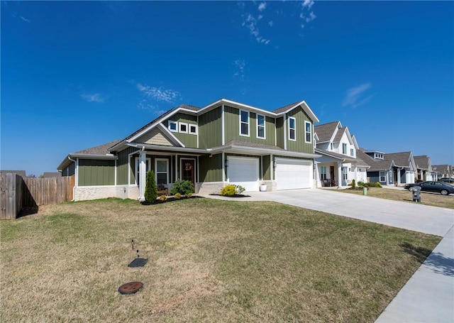 view of front of house with an attached garage, board and batten siding, concrete driveway, and a residential view