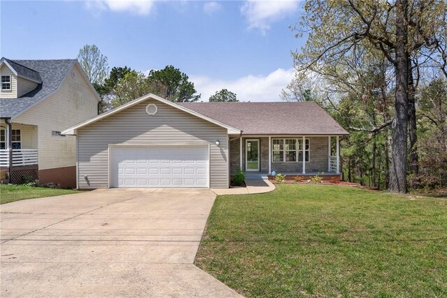 15957 Hickory Dr, Rogers, AR 72756 - view of front of home with an attached garage, a porch, driveway, and a front lawn