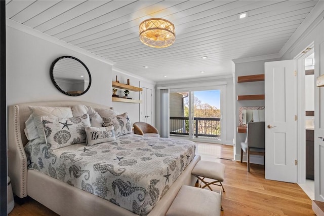 bedroom featuring recessed lighting, access to outside, crown molding, and light wood-type flooring