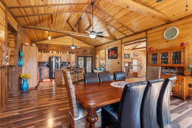 dining area featuring dark wood-type flooring, wood walls, wooden ceiling, and lofted ceiling with beams