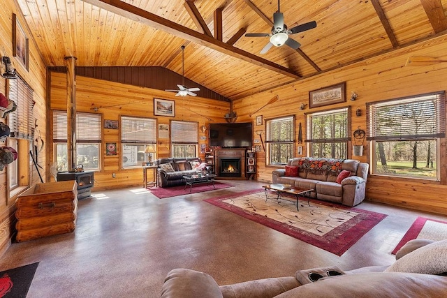 living room with wooden ceiling, lofted ceiling, a ceiling fan, and wooden walls