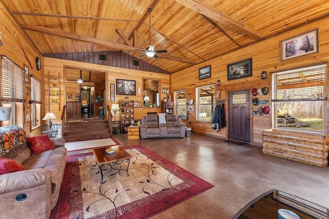 living area featuring wooden walls, a ceiling fan, wooden ceiling, and vaulted ceiling with beams