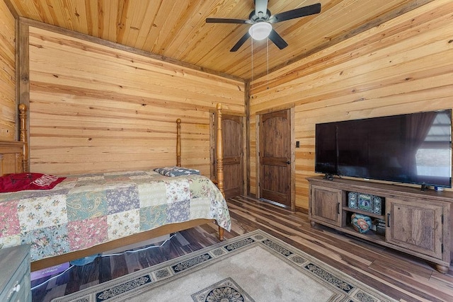 bedroom featuring wooden ceiling, a ceiling fan, wood finished floors, and wooden walls
