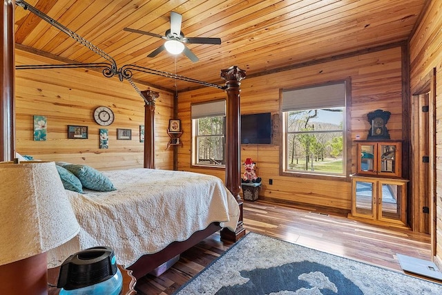 bedroom with wood-type flooring, wood walls, and wood ceiling