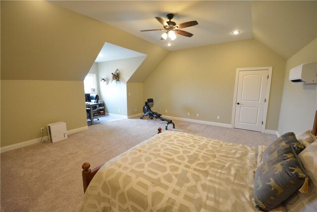 bedroom featuring ceiling fan, lofted ceiling, light colored carpet, and a wall mounted air conditioner