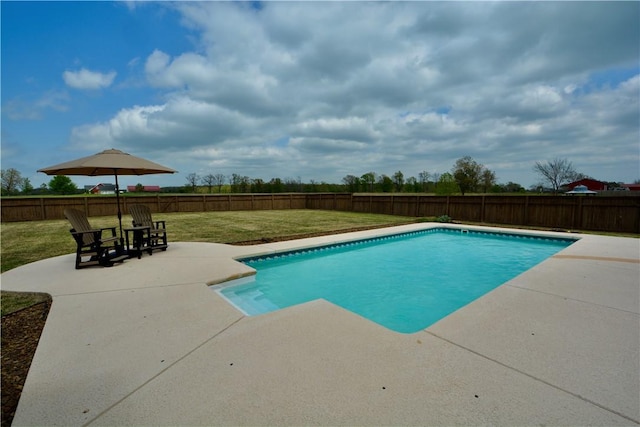 view of swimming pool featuring a lawn, a fenced in pool, a patio, and a fenced backyard