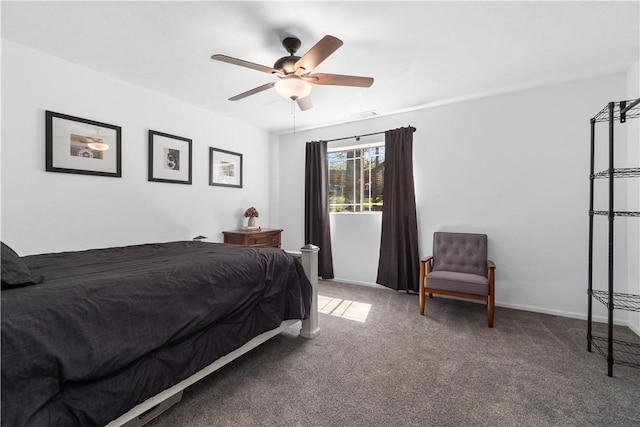 bedroom with ceiling fan, carpet flooring, and visible vents