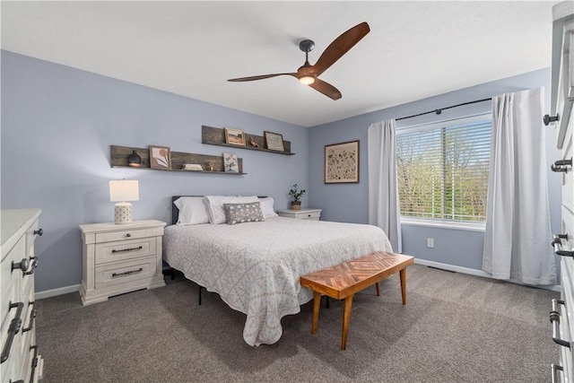 bedroom featuring baseboards, a ceiling fan, and dark colored carpet