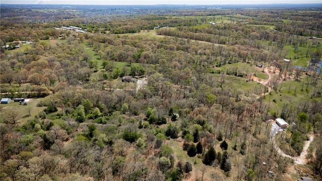 bird's eye view with a wooded view