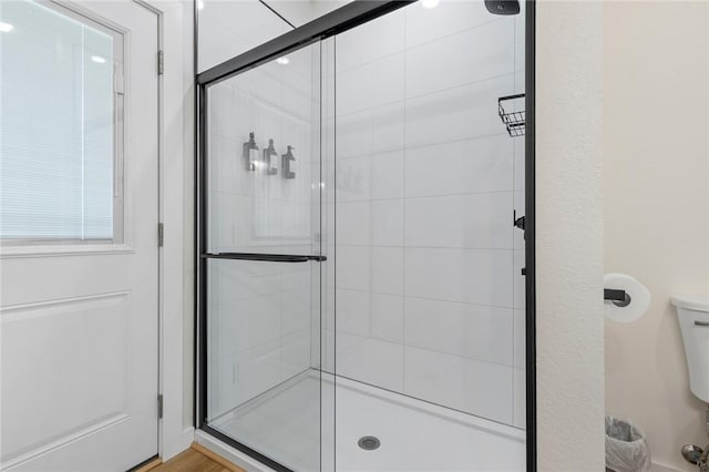 bathroom with a shower stall and toilet