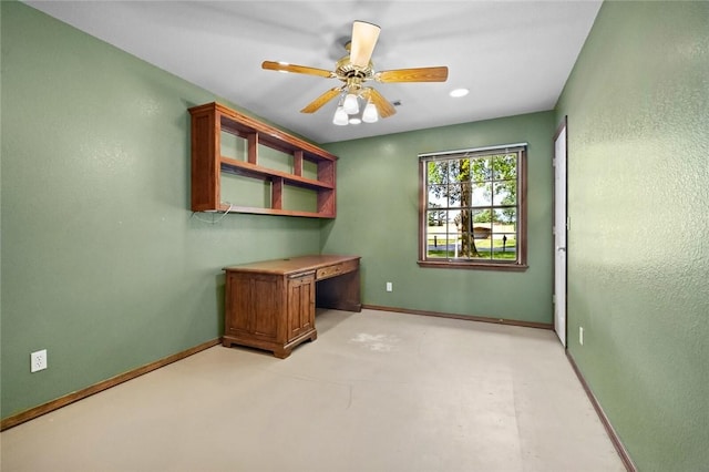 511 N Oakwood St, Lowell, AR 72745 - unfurnished office featuring ceiling fan, built in study area, baseboards, concrete floors, and recessed lighting