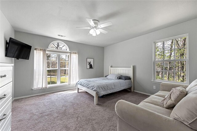 carpeted bedroom with ceiling fan, visible vents, baseboards, and multiple windows