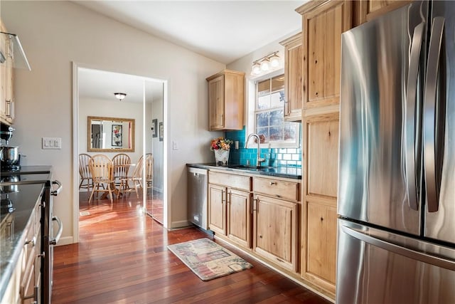 kitchen featuring dark countertops, stainless steel appliances, dark wood-style floors, and a sink