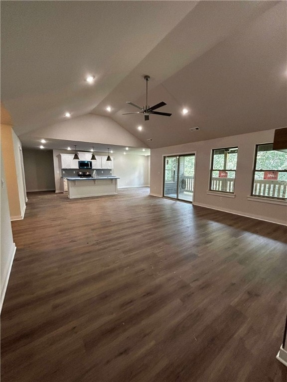 34 Brierfield Ln, Bella Vista, AR 72714 - unfurnished living room with vaulted ceiling, ceiling fan, dark wood-style floors, and recessed lighting