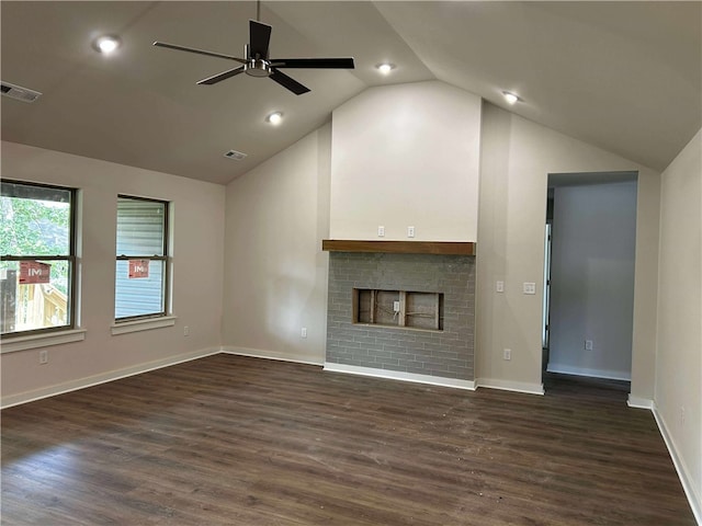 34 Brierfield Ln, Bella Vista, AR 72714 - unfurnished living room with lofted ceiling, dark wood finished floors, ceiling fan, a brick fireplace, and recessed lighting