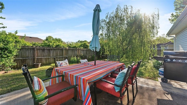 view of patio / terrace featuring a fenced backyard and outdoor dining area