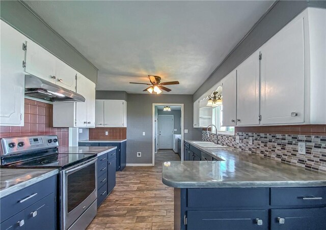 4802 Greenbriar Ln, Everton, AR 72633 - kitchen with wood finished floors, a sink, blue cabinets, stainless steel electric range, and under cabinet range hood