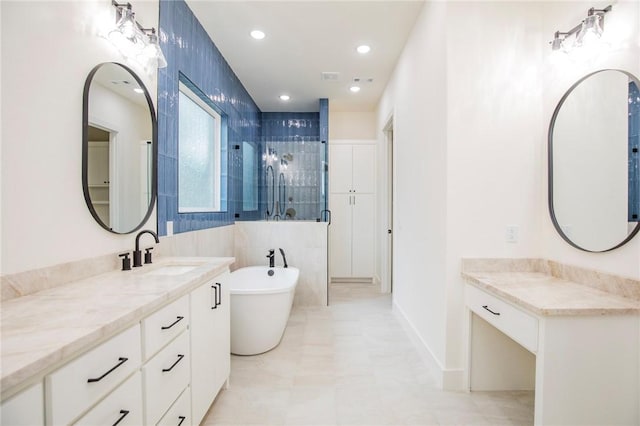 4708 Fieldcrest Ter, Rogers, AR 72758 - full bathroom featuring a tile shower, vanity, a freestanding bath, and recessed lighting
