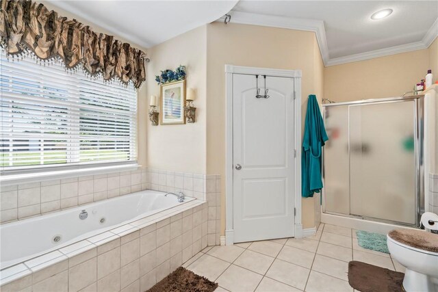 17444 16th Hwy, Siloam Springs, AR 72761 - full bath featuring tile patterned floors, a jetted tub, a stall shower, ornamental molding, and toilet