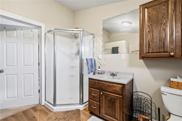 17444 16th Hwy, Siloam Springs, AR 72761 - bathroom with a shower stall, vanity, wood finished floors, and toilet