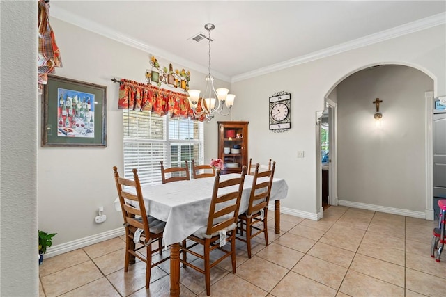 17444 16th Hwy, Siloam Springs, AR 72761 - dining room featuring arched walkways, light tile patterned floors, ornamental molding, baseboards, and a chandelier