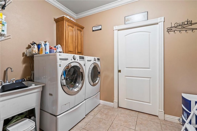 17444 16th Hwy, Siloam Springs, AR 72761 - washroom with independent washer and dryer, cabinet space, ornamental molding, light tile patterned floors, and baseboards