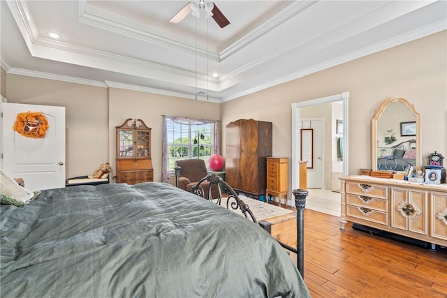 17444 16th Hwy, Siloam Springs, AR 72761 - bedroom featuring hardwood / wood-style flooring, crown molding, a raised ceiling, ceiling fan, and recessed lighting