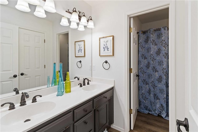 bathroom featuring wood finished floors, a sink, and double vanity