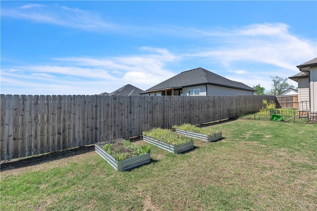 view of yard featuring a garden and a fenced backyard