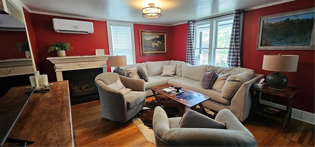 living room with a fireplace with flush hearth, crown molding, wood finished floors, and a wall unit AC