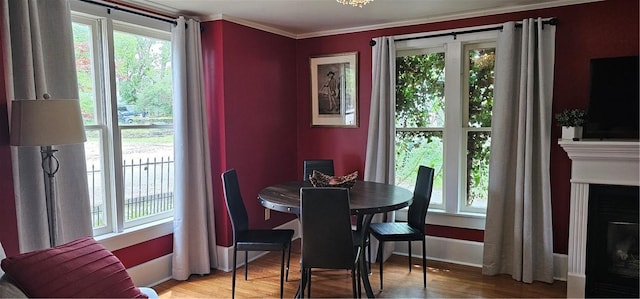 dining area with light wood finished floors, a fireplace, and a wealth of natural light
