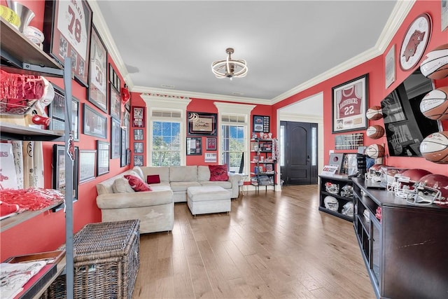 living area featuring plenty of natural light, wood finished floors, an inviting chandelier, and ornamental molding