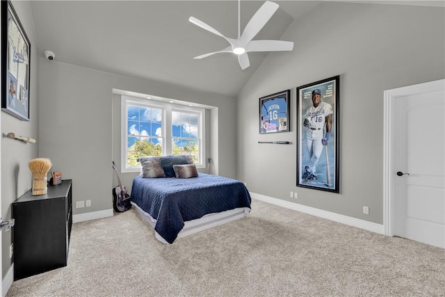 carpeted bedroom featuring high vaulted ceiling, baseboards, and ceiling fan