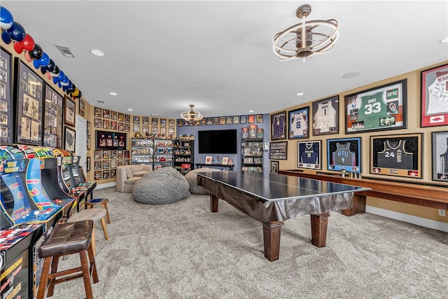 game room with pool table, baseboards, carpet flooring, visible vents, and recessed lighting