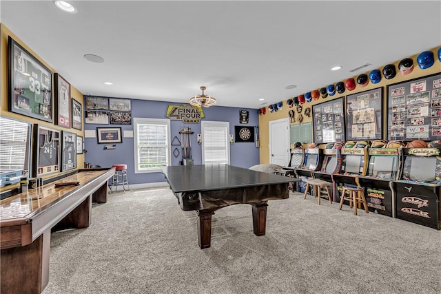 playroom with baseboards, recessed lighting, billiards, and carpet