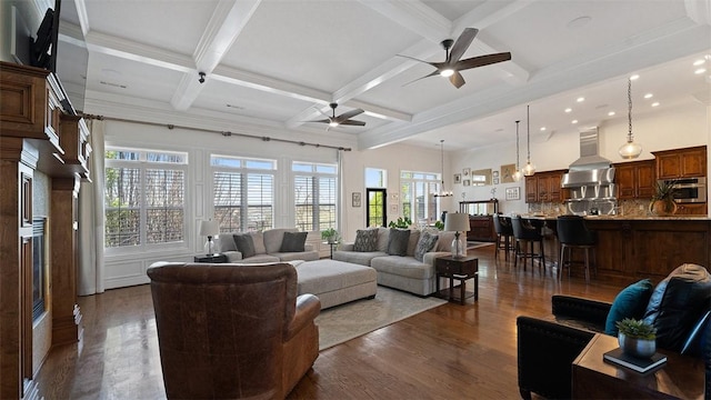 5309 S Promontory Ct, Rogers, AR 72758 - living room with ceiling fan, dark wood-type flooring, beamed ceiling, recessed lighting, and coffered ceiling