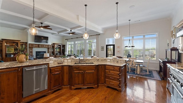 5309 S Promontory Ct, Rogers, AR 72758 - kitchen featuring stainless steel appliances, dark wood-style flooring, a ceiling fan, beam ceiling, and pendant lighting