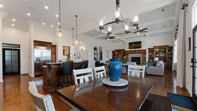 5309 S Promontory Ct, Rogers, AR 72758 - dining area with ceiling fan, a chandelier, recessed lighting, coffered ceiling, and dark wood-style floors