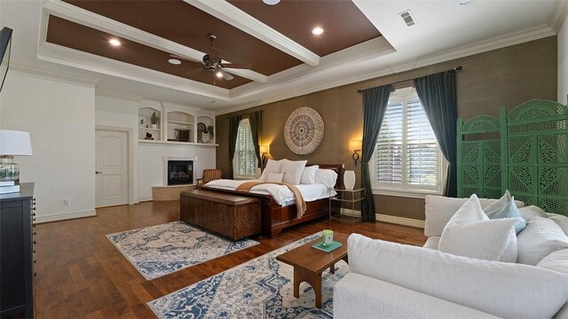 5309 S Promontory Ct, Rogers, AR 72758 - bedroom featuring crown molding, wood finished floors, a tray ceiling, a fireplace, and recessed lighting