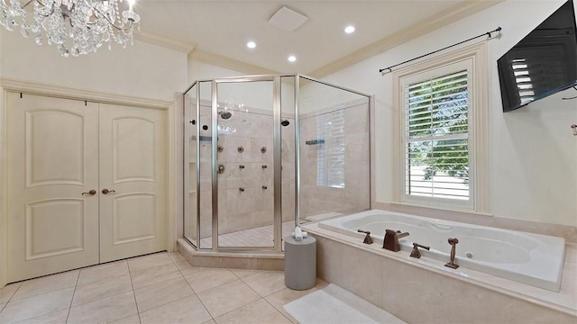 5309 S Promontory Ct, Rogers, AR 72758 - full bath with crown molding, tile patterned floors, a shower stall, a garden tub, and recessed lighting