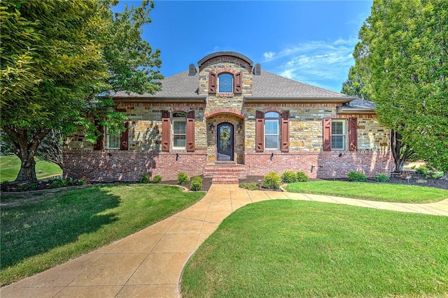 5309 S Promontory Ct, Rogers, AR 72758 - french country style house featuring a front yard, brick siding, and roof with shingles