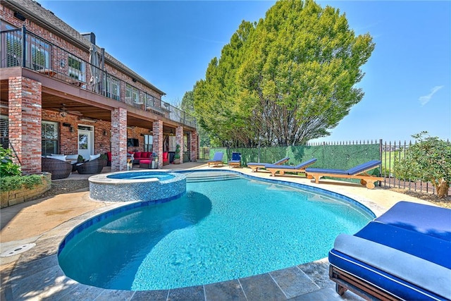5309 S Promontory Ct, Rogers, AR 72758 - view of pool featuring a patio, outdoor lounge area, a ceiling fan, and a pool with connected hot tub