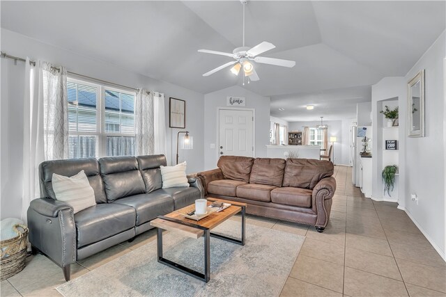 1908 S Pinewoods Dr, Rogers, AR 72758 - living room with baseboards, lofted ceiling, a ceiling fan, and light tile patterned floors