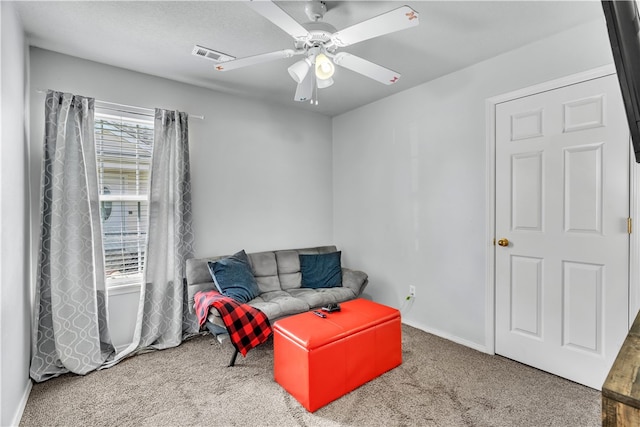 1908 S Pinewoods Dr, Rogers, AR 72758 - living area with baseboards, a ceiling fan, visible vents, and carpet floors