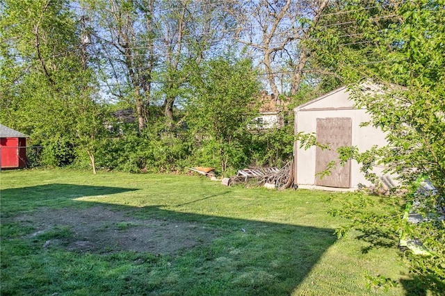 view of yard with a storage shed and an outbuilding