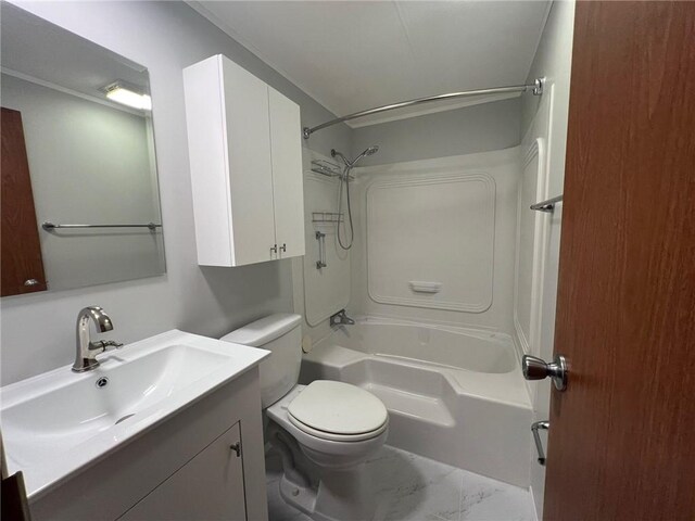 bathroom with shower / washtub combination, toilet, vanity, and marble finish floor