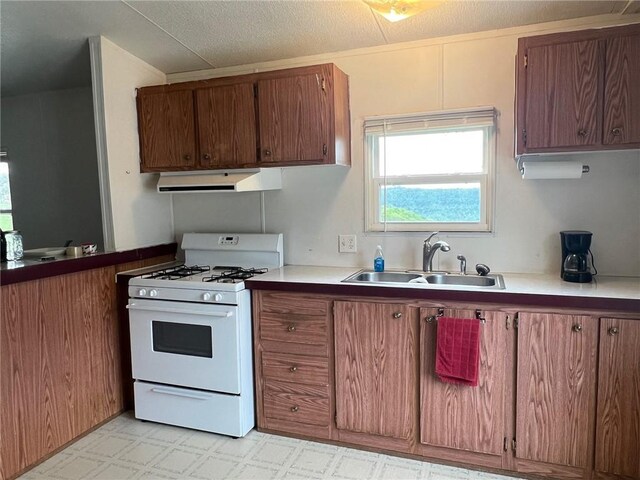kitchen with a healthy amount of sunlight, white gas range oven, exhaust hood, and a sink