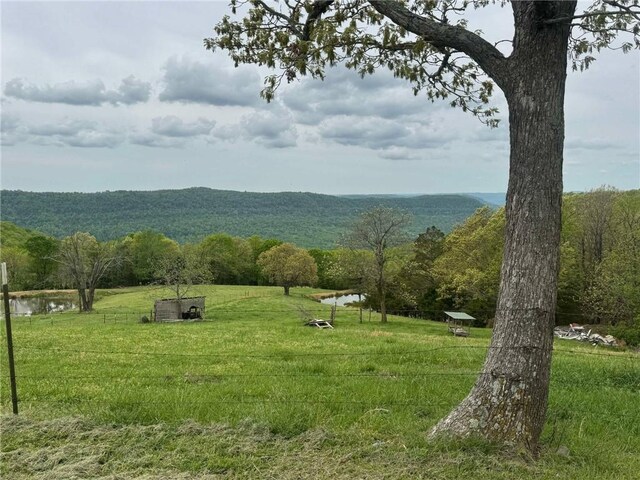 view of mountain feature with a water view and a wooded view