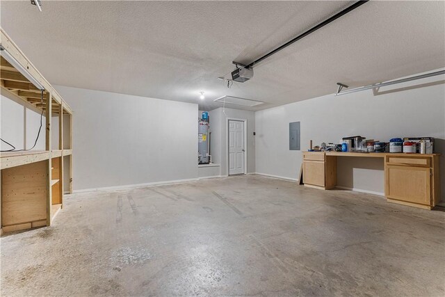 garage with water heater, electric panel, and a garage door opener